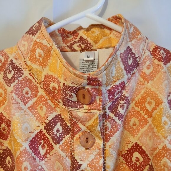 Nwt Mock neck Button up Dress Shirt womens M Mustard Peach Magenta geometric LS - Picture 4 of 10